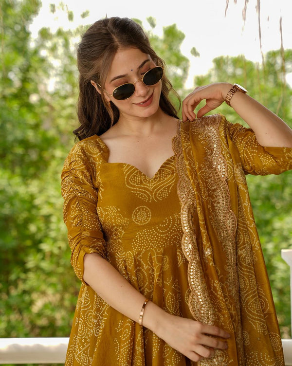 Rihana heavy fancy musturd yellow anarkali dress for women