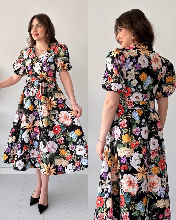 Renny Black floral printed crepe maxi dress for women