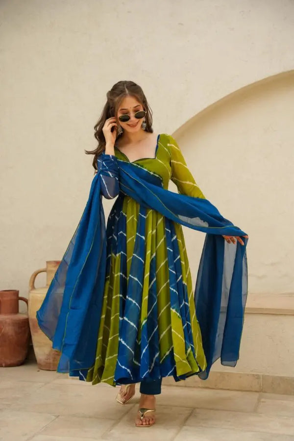 Vishwa blue & green leheriya suit-set for women