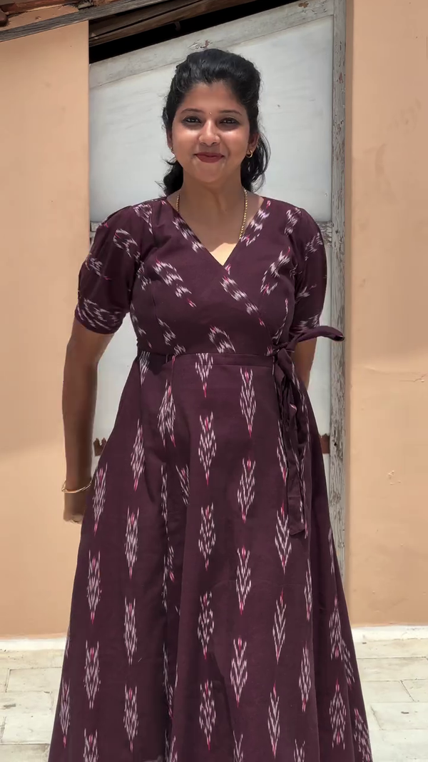 Navya Brown Chocolate Ikkat Print Wrap Mini Dress