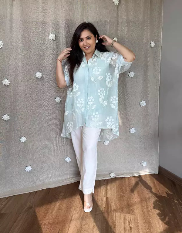 Tina stunning high-low Mul Chanderi Appliqué Top Set